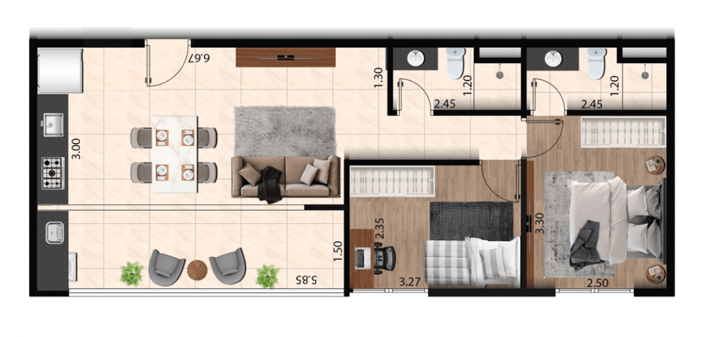 Planta 2 dormitórios · 65 m²