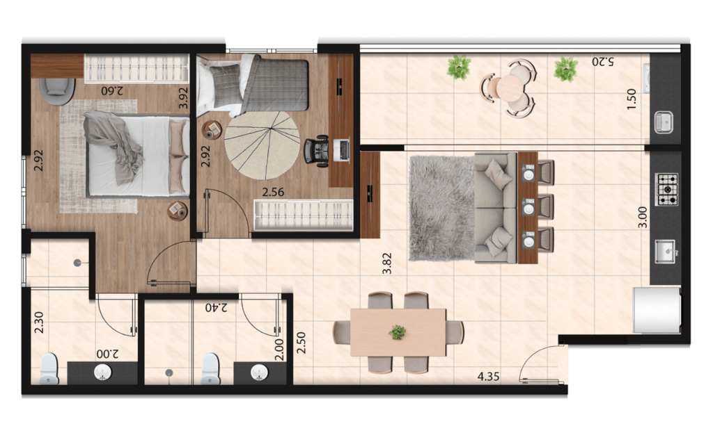 Planta Garden 2 dorms + suíte · 86 m²