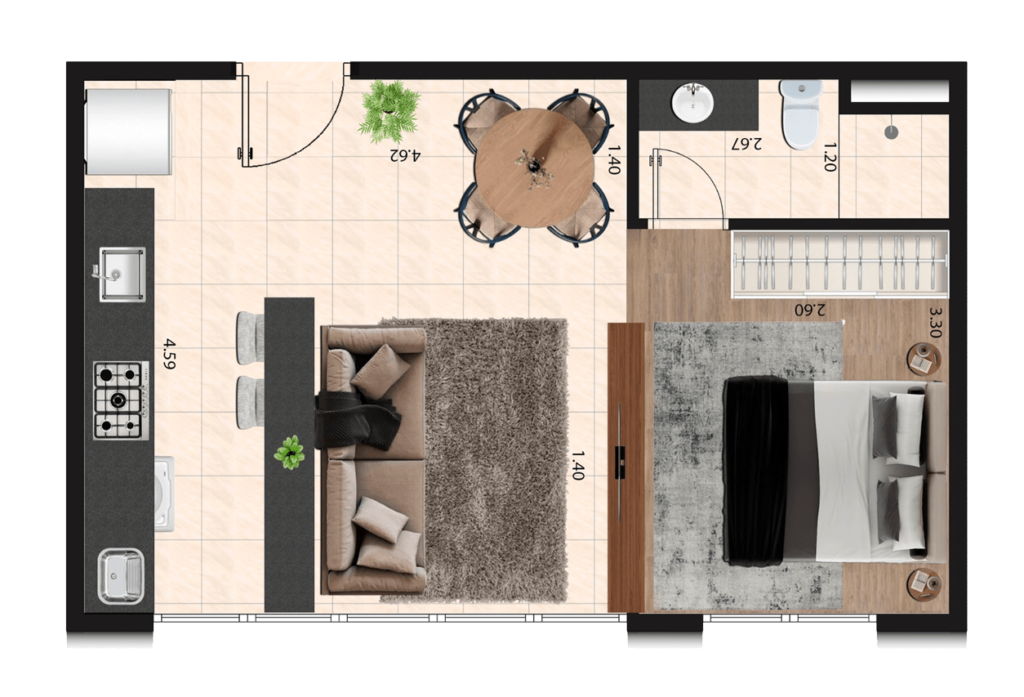 Planta 1 dormitório · 37 m²